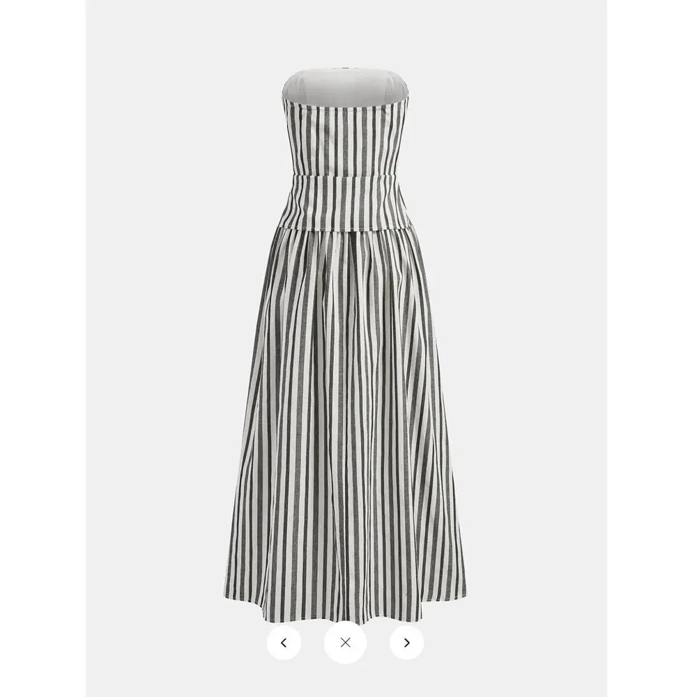 NWT Commense Striped Strapless Cotton Linen Ruched Dress Sz L - Picture 3 of 6